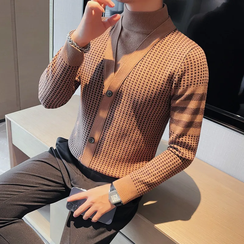 Brand Clothing Men's Print Fashion Pullover/Male Slim Fit High Quality Turtleneck Knit Sweater/Man Printed Knit Shirt 4XL-M