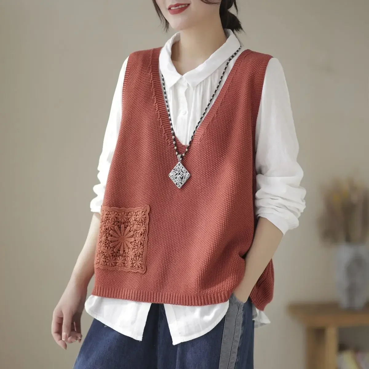 Red Ladies Knit Vest Chunky Ladies Knitted Vest Rico Ladies Vest