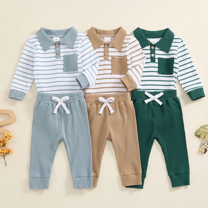 Newborn Baby Boys Pants Sets Spring Fall Clothes Long Sleeve Striped Bodysuit with Pants Outfit for Casual Daily Baby Clothing