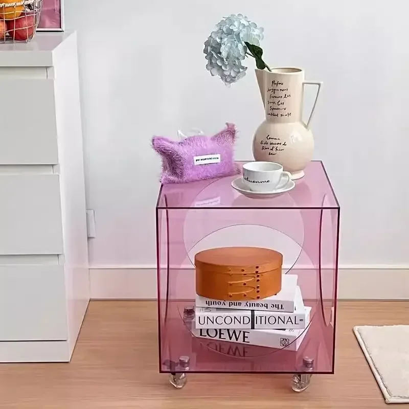 Acrylic Movable Trolley Coffee Table Sofa Side Table High-end Creative Bedside Large Capacity Storage Rack
