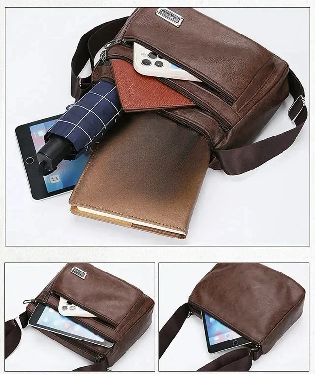 Пакет Mens PU Leather Crossbody Messenger Bag Large Capacity Waterproof Durable Business Travel Tote for Work Office Casual 크로스백