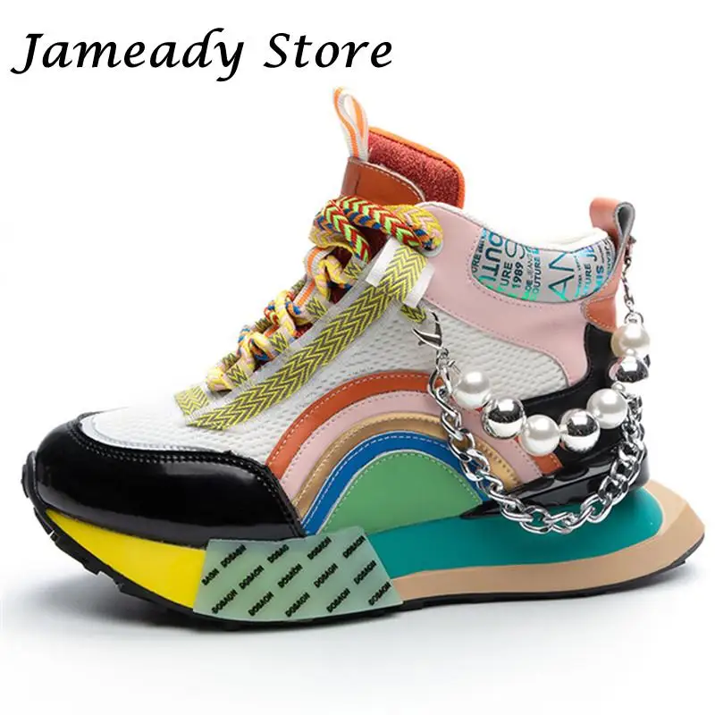 

Casual Thick Bottom Platform Women Shoes Fashion Metal Decoration String Bead Mixed Color Trainers Ins Breathable Lady Sneakers