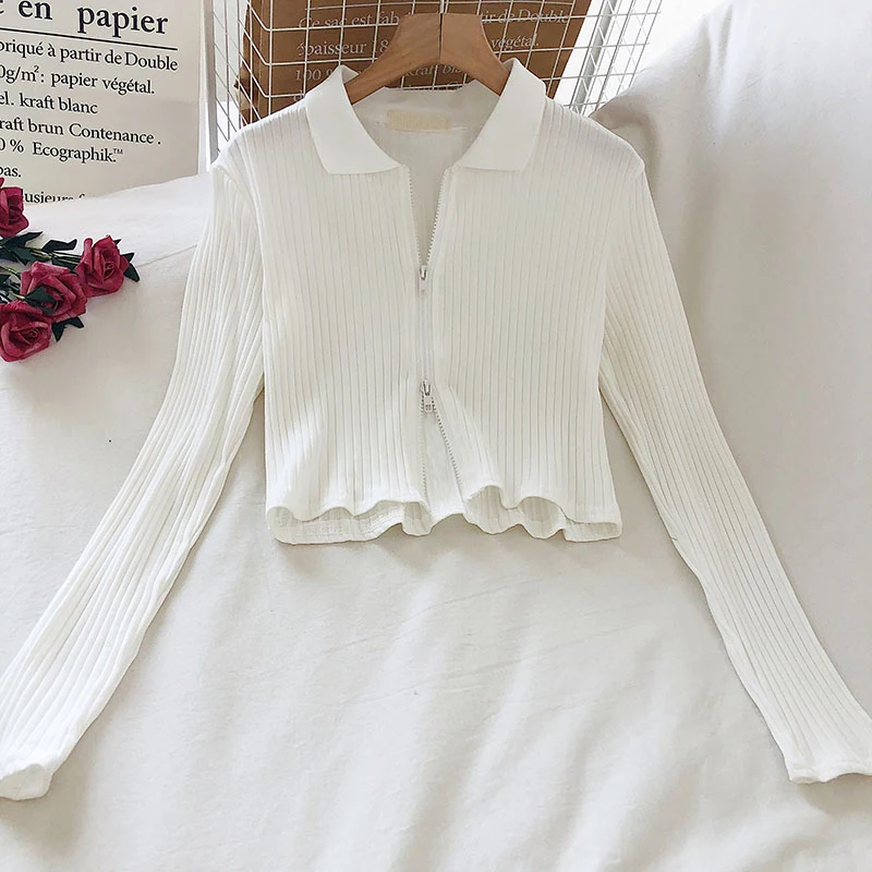 

2023 Fashion Korean Style Slim Short Cardigans Female Thin Double Zipper Outerwear Spring Autumn Solid Long Sleeve Zip-up