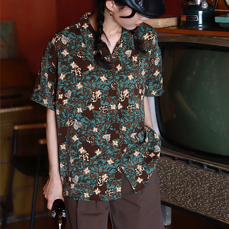 

2022 Summer Hawaii Beach Shirts Retro Dark Boho Floral Button Up Shirt Loose Elegant Ladies Tops Summer Large 2XL Korean Fashion