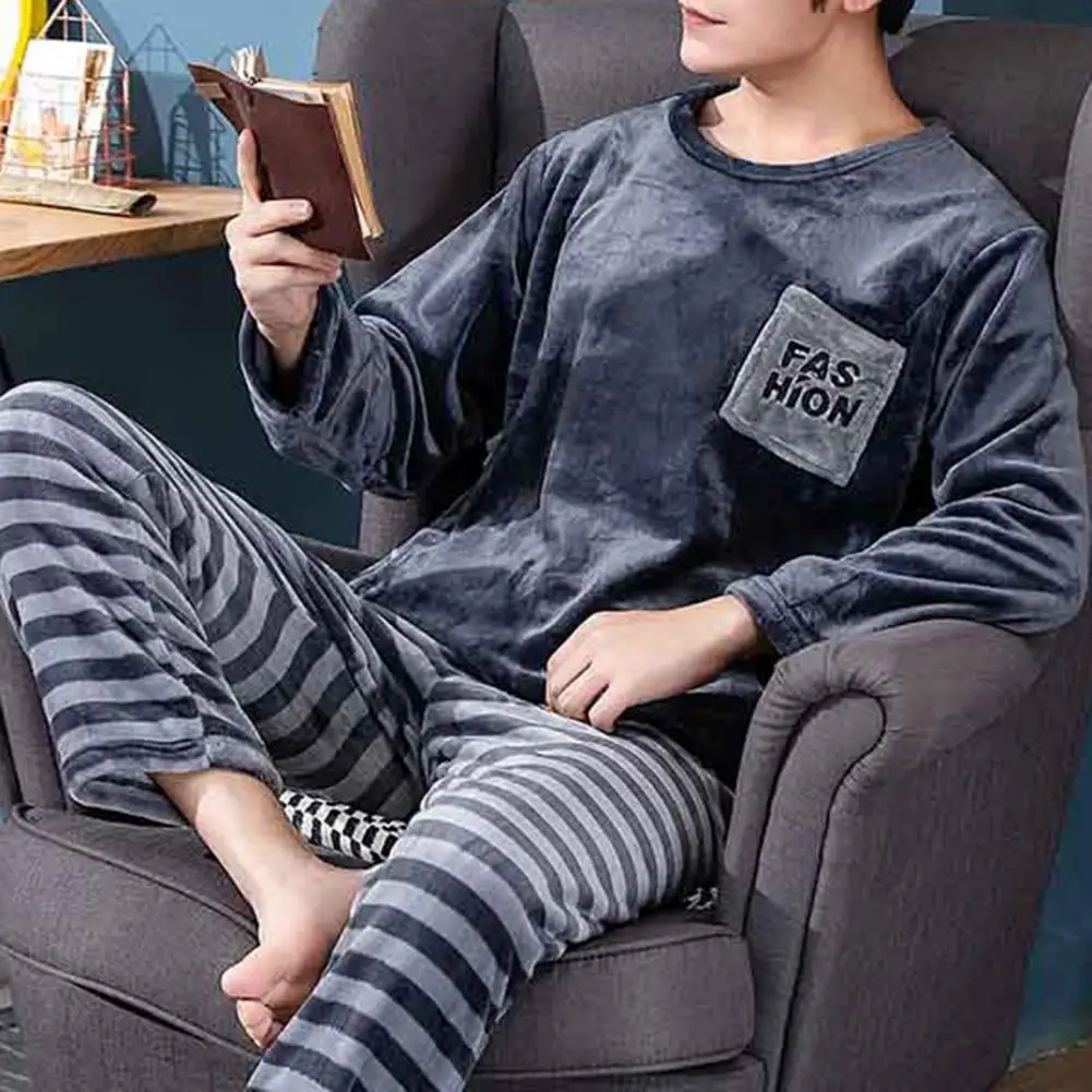 Men Winter Pajamas Set Autumn Winter New Coral Fleece Round Neck Long Sleeve Lounge Sets Pajamas Home Suit Plush Loungewear