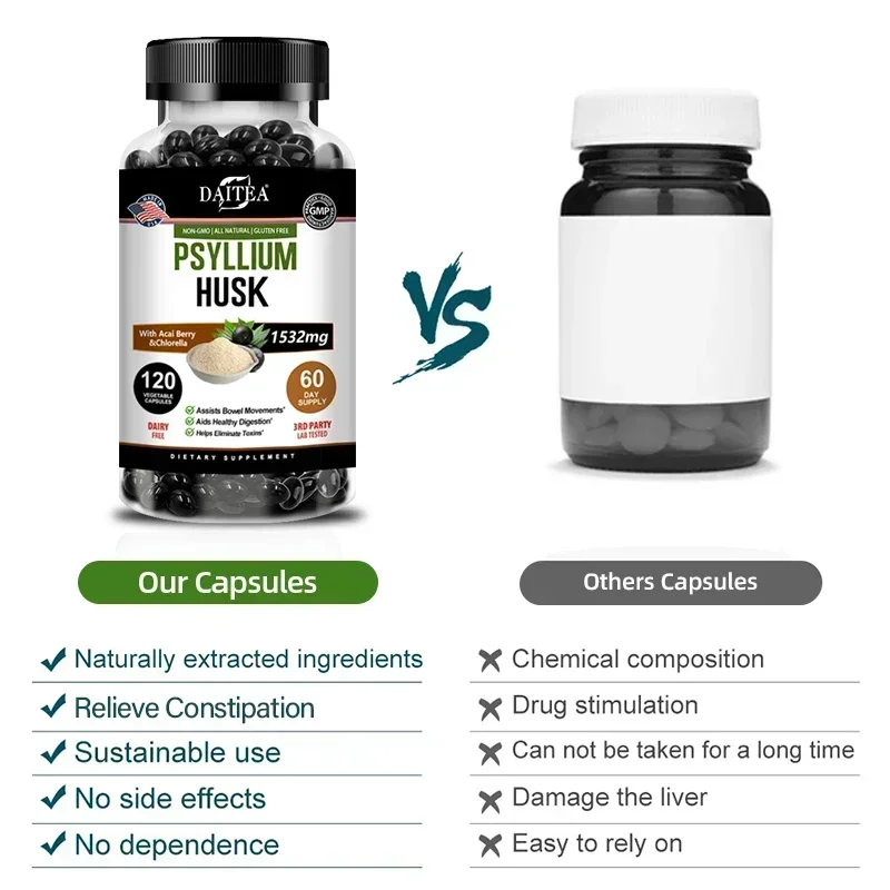 Psyllium Husk Capsules 1532 Mg Natural Soluble Fiber for Intestinal Health