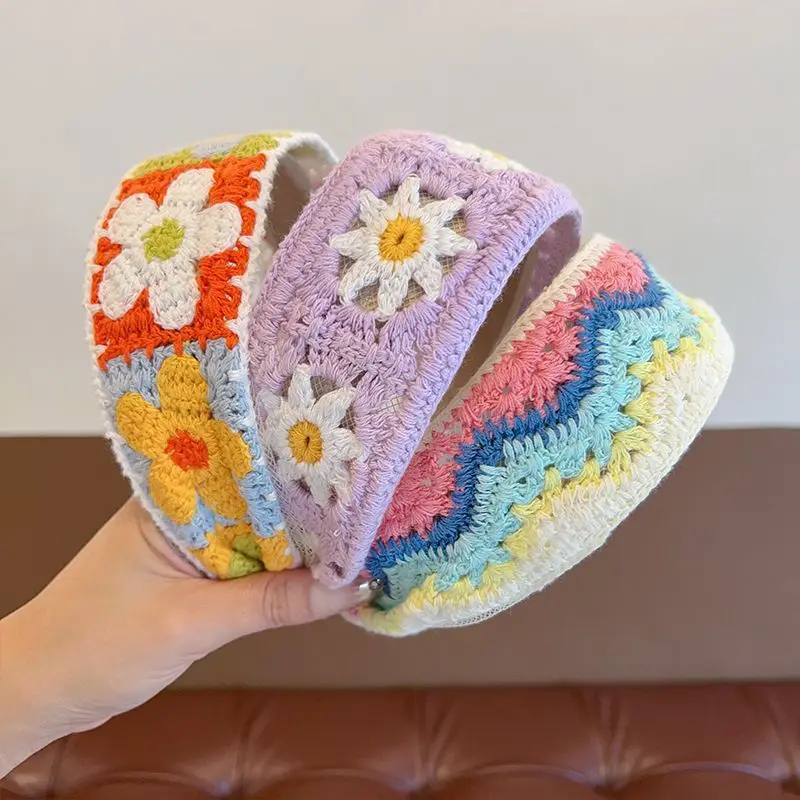 Sweet Flower Embroidery Kids Hair Hoops Colorful Knit Woolen Autumn Winter Wide Hairband for Girl Headwear hair bands hair accessories hair headband accessories