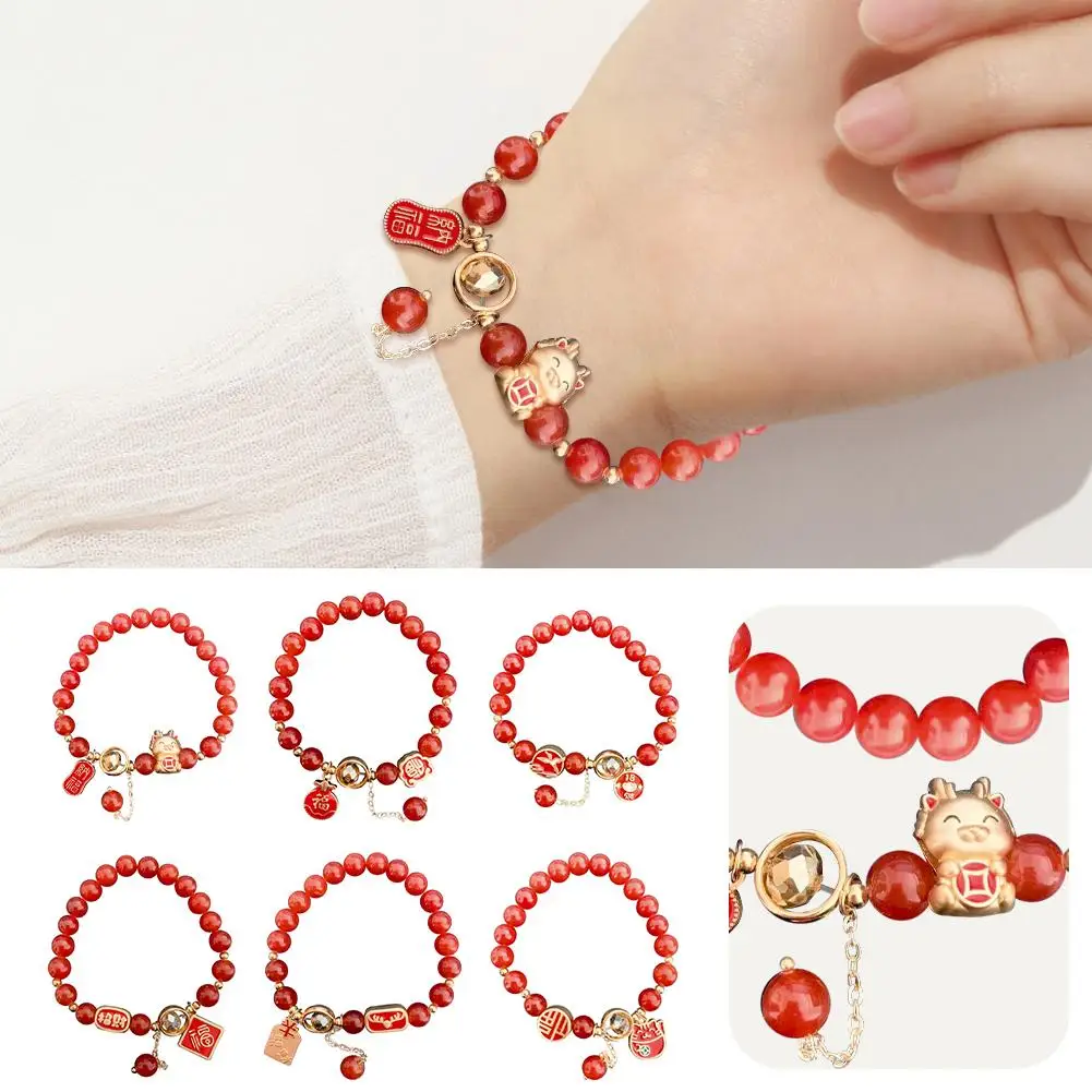 Dragon Year Red Agate Beaded Strand Bracciali Per Le Donne Ragazze Lucky Cat Fish Fortune Bag Charm Jewelry Girls Agate Bracelet