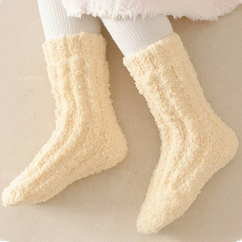Children Autumn Winter Mid Tube Socks Thickened Coral Fleece Warm Baby Sleep Stockings Solid Boys Girls Kids Home Floor Socken
