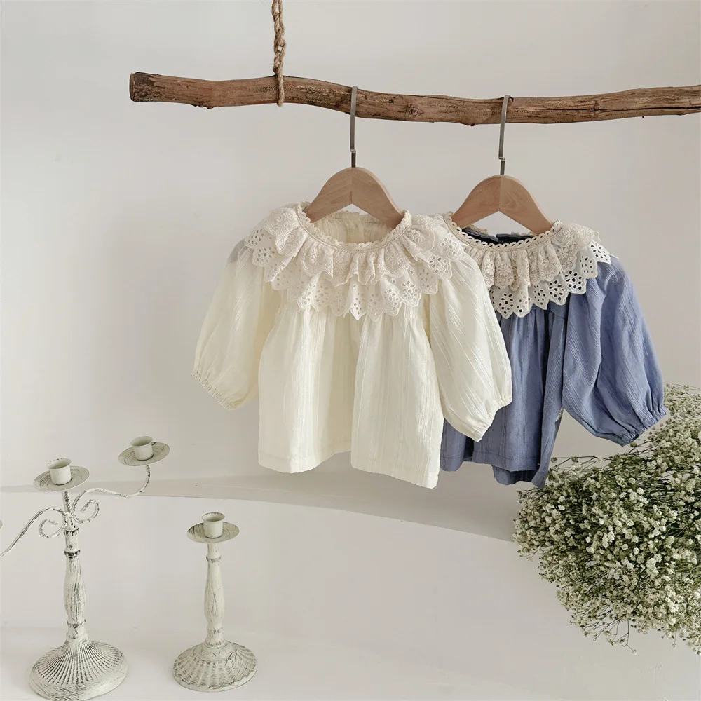 Description Picture 4 of item2025 Spring New Baby Girls Long Sleeve Lace Collar Tops Cotton Infant Toddler Solid Princess Bottoming Shirt Baby Clothes