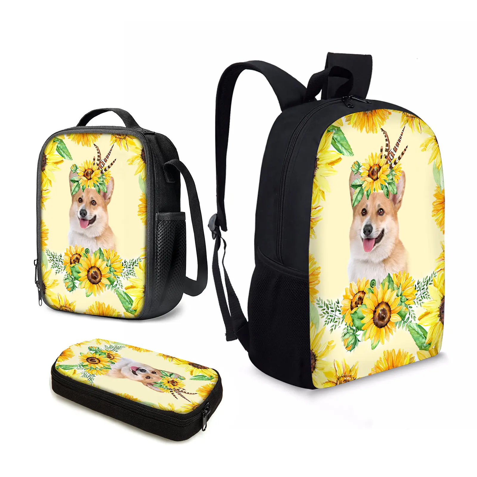 

YIKELUO Cute Corgi/Golden Retriever Design Back To School Gifts For Kids 3PCS Sunflower Pet Dog Print Notebook Bag Lunch Bag