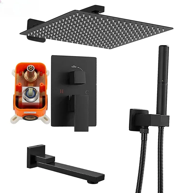 

Wall Mount Shower Set Brass Black System Bathroom Faucet Mixer Tap Ceiling Diverter Handheld Spray With 10-12" Rian Head