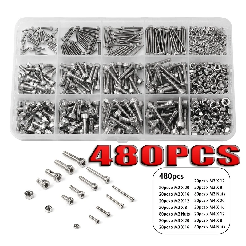 480Pcs M2 M3 M4 304 Stainless Steel Cylinder Head Hex Socket Head Cap