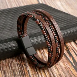 Premium Men's Multi-Layer Leather & Tiger Eye Beaded Bracelet Gift - 21cm (BrownB)
