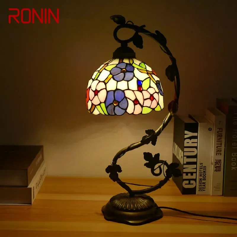 

RONIN Tiffany Table Lamp American Retro Living Room Bedroom Lamp Luxurious Villa Hotel Stained Glass Desk Lamp