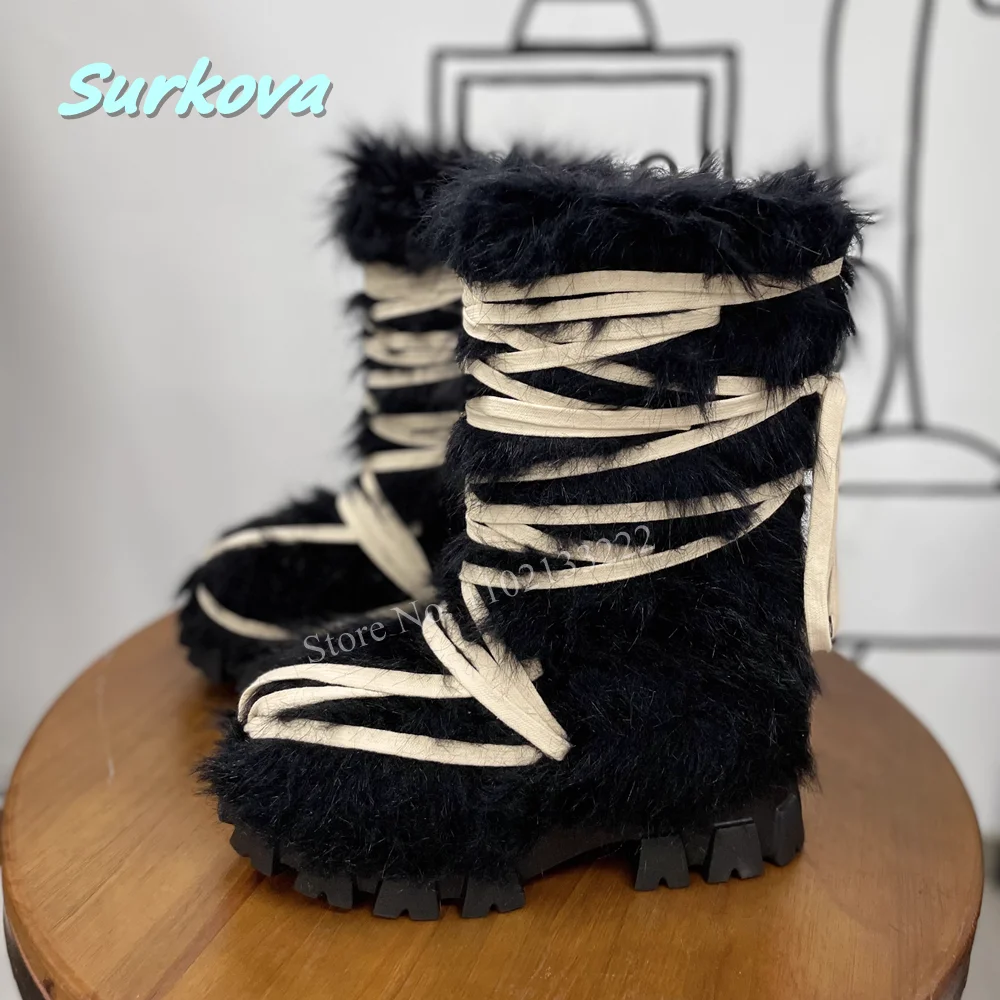 2024 Black Plush Thick Sole Snow Boots Round Toe Cross Strap Ankle Boots Winter Fashion Warm Dress Daily Women Shoes Newest