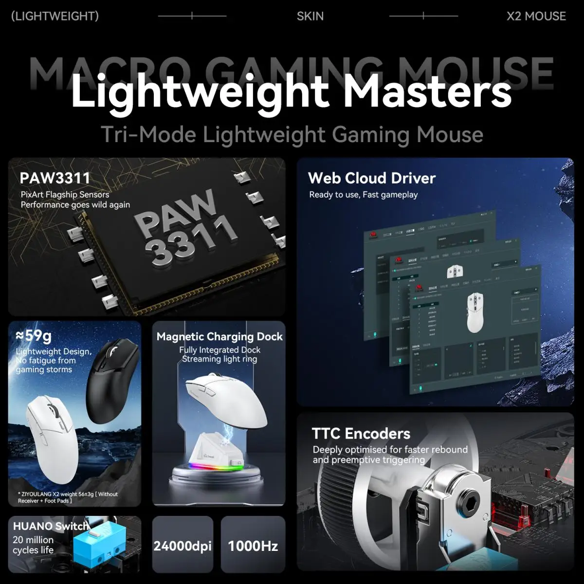 ZIYOULANG X2 Wireless Mouse Tri-Mode Connection RGB Magnetic Charging Base PixArt PAW3311 Macro Gaming Mouse wireless mouse,gaming mouse,wireless gaming mouse