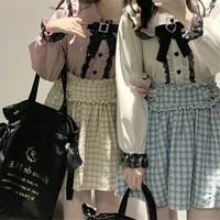 Jirai Kei Peter Pan Collar Japan Blouse Y2K Long Sleeves Lolita Crop Top Sweet Patchwork Bow Spring Kawaii Vintage Lace Jk Shirt - Image 2