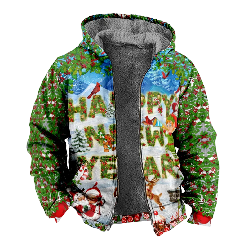Christmas Cotton Coat Hooded Sweater Casual Print Men's Fur Loop Arctic Velvet Zipper Patch Pocket Hooded Sweater a07