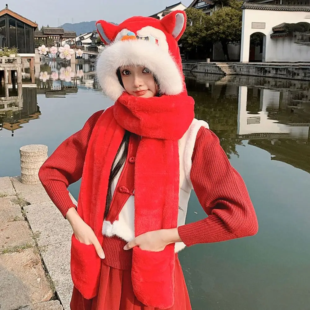 Ear Muffs Lion Dance Beanies Hat Tassels Lace Up Winter Plush Warm Hat Chinese style Soft New Year Pullover Cap New Year Gift