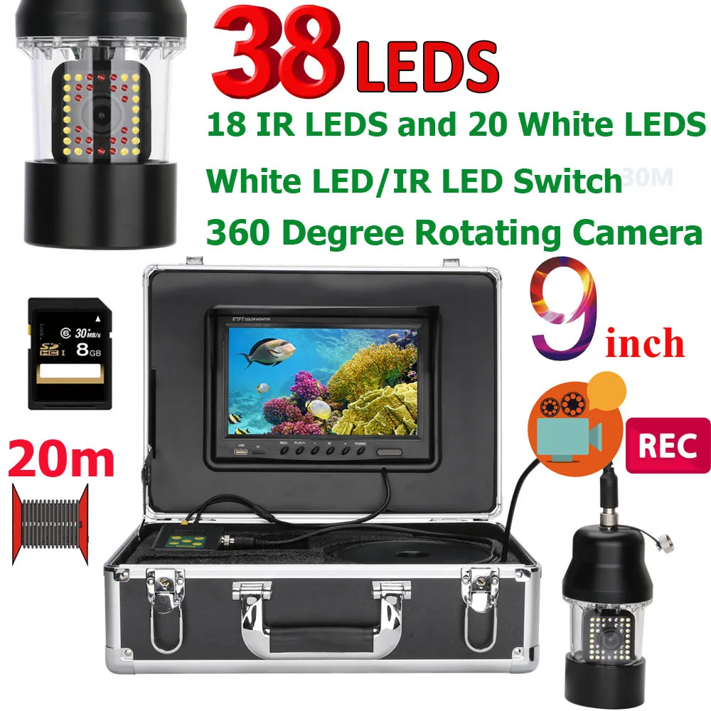 

9 Inch DVR Recorder 20m/50m/100m Underwater Fishing Video Camera Fish Finder IP68 Waterproof 38 LEDs 360 Degree Rotating Camera