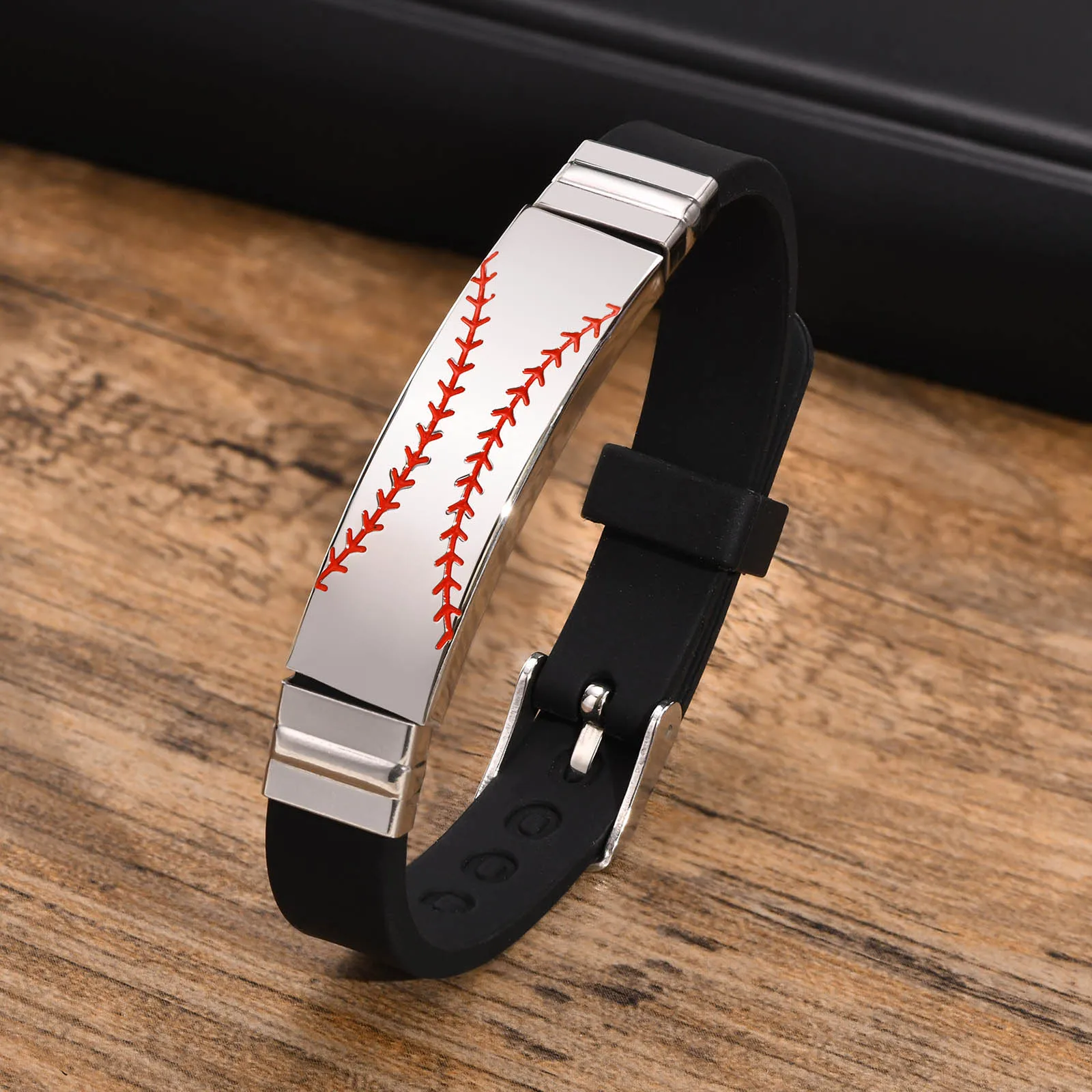 Men's Casual Sport Baseball Silicone Bracelets, Stainless Steel ID Bar with Black Rubber Bands Wristband, Length Adjustable