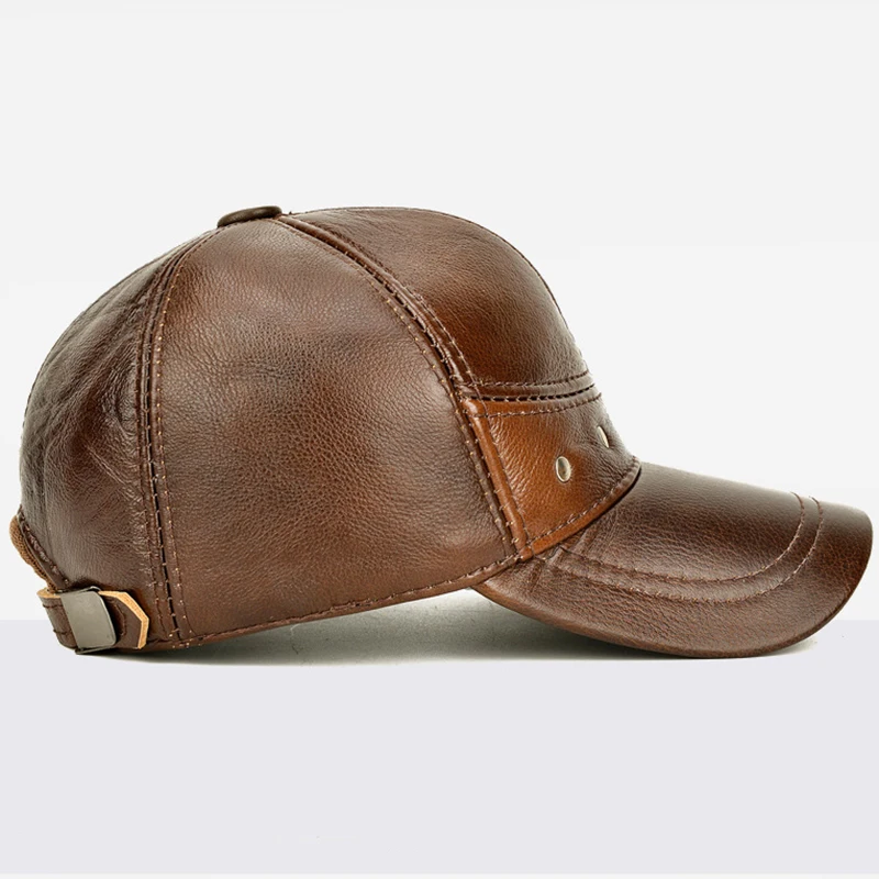 New 2025 Man High Quality Real Leather Baseball Caps Male Casual Cowhide Belt Ear Warm 56-60cm Adjustable Sprot Flight Hats 6