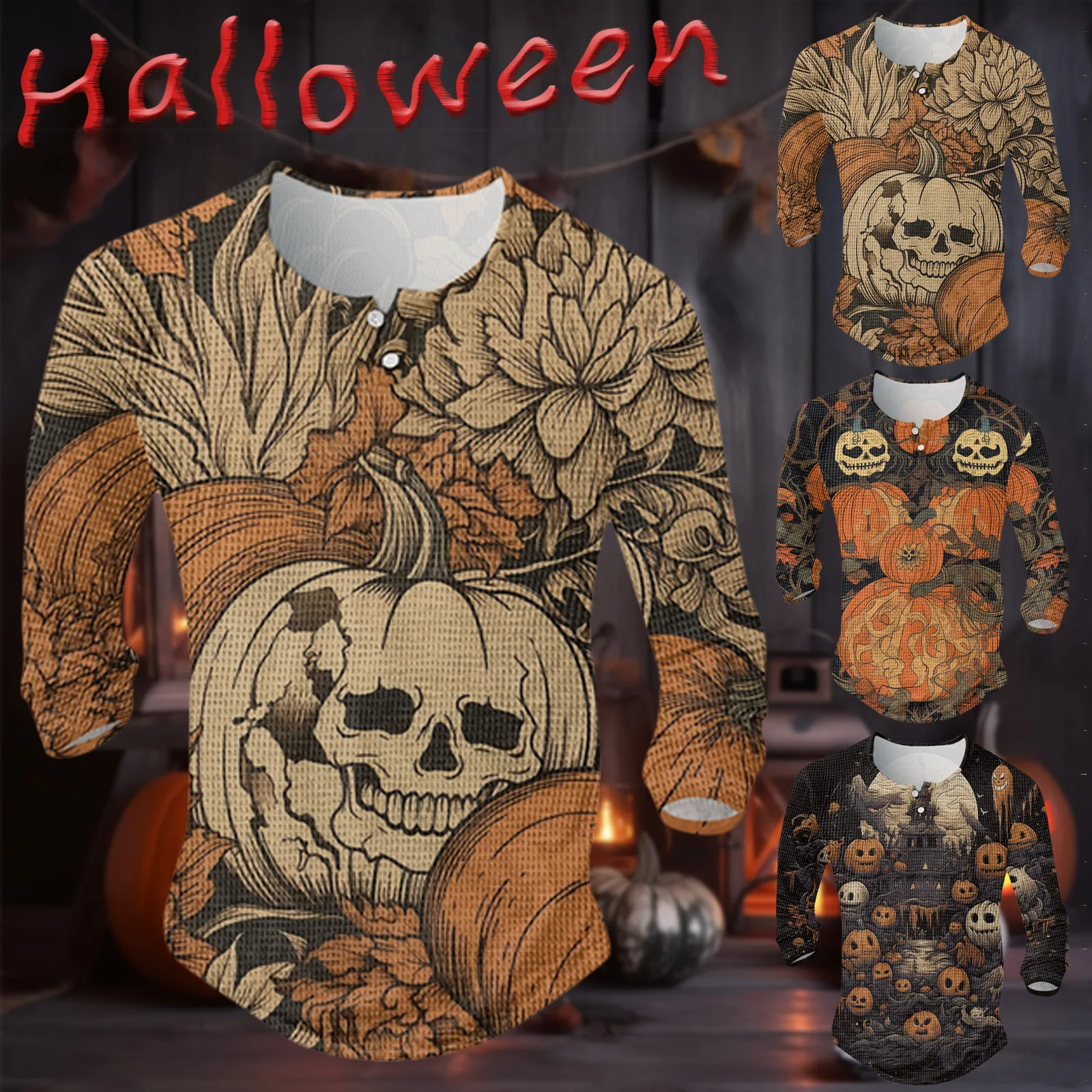 

Male Long Sleeve Halloween Print Top Button Plaid Personalized Bottom T Shirt Comfortable