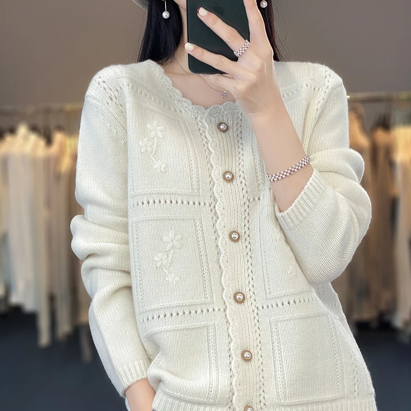 

100% Cashmere Cardigan Coat Women's 2023 Autumn/Winter New O-Neck Korean Knit Sweater High end Jacket Fashion Hollow Tops Female
