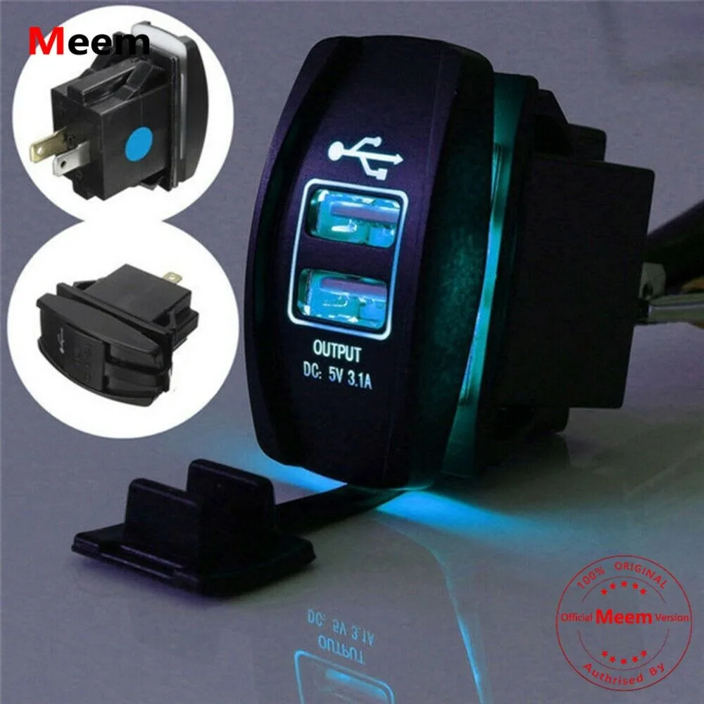 

Dual USB 3.1 Power Charger Rocker Switch Blue LED Light Car/Boat 12V