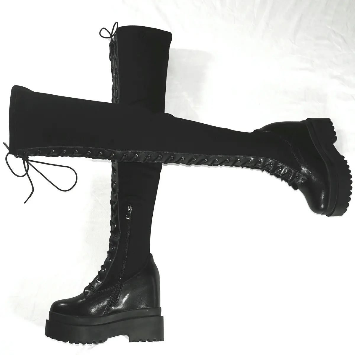 

Winter High Heel Pumps Shoes Women Lace Up Stretch Fabric Over The Knee Boots Female Round Toe Fashion Sneakers Casual Shoes