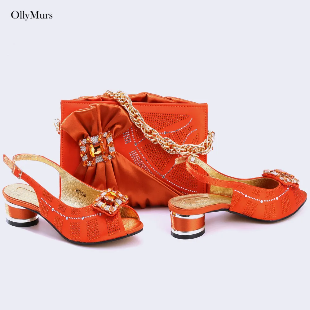 

New Italian Rhinestone Woman Orange Color Shoes And Bags Set Africa Style High Heels Ladies Shoes And Bag Set For Party
