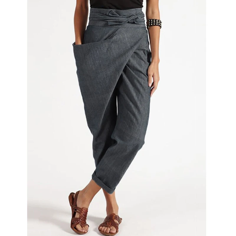 

Women's Cotton Linen High Waist Pocket Pants Casual Straight Drawstring Joggers Sweatpants