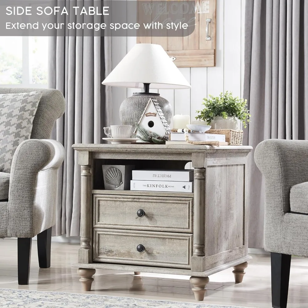 24'' Farmhouse End Table w/4 Solid Wood Feet, Large 2 Drawers Wide Sofa Side Table with Charging Station, Tall Rustic Wood Squa 5