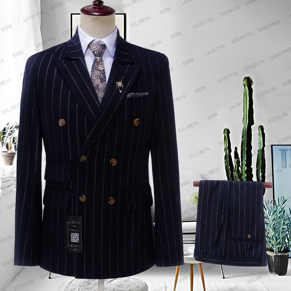 

SILIWEYA 2024 Dark Blue Stripe Men Suits Double Breasted Blazer Latest Coat Pant Designs Slim Fit 2 Piece Tuxedos Custom Made