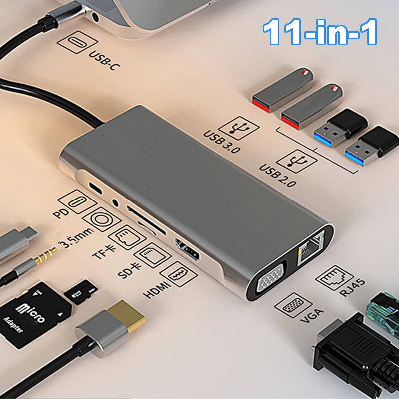 USB C Hub 11 in 1 Type C To 4K HDMI-compatible Adapter with RJ45 SD/TF Card Reader PD Fast Charge for Notebook Laptop Computer - 7 USB C Hub 11 in 1 Type C To 4K HDMI-compatible Adapter with RJ45 SD/TF Card Reader PD Fast Charge for Notebook Laptop Computer - 7
