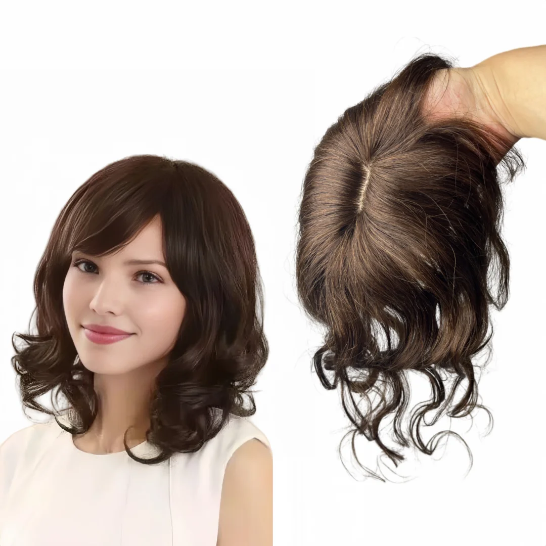 Curly Wavy Human Hair Toppers with 3D Bangs for Women 35 cm Middle Part Clip-in Hairpiece Extension With Skin Scalp 10x12 cm