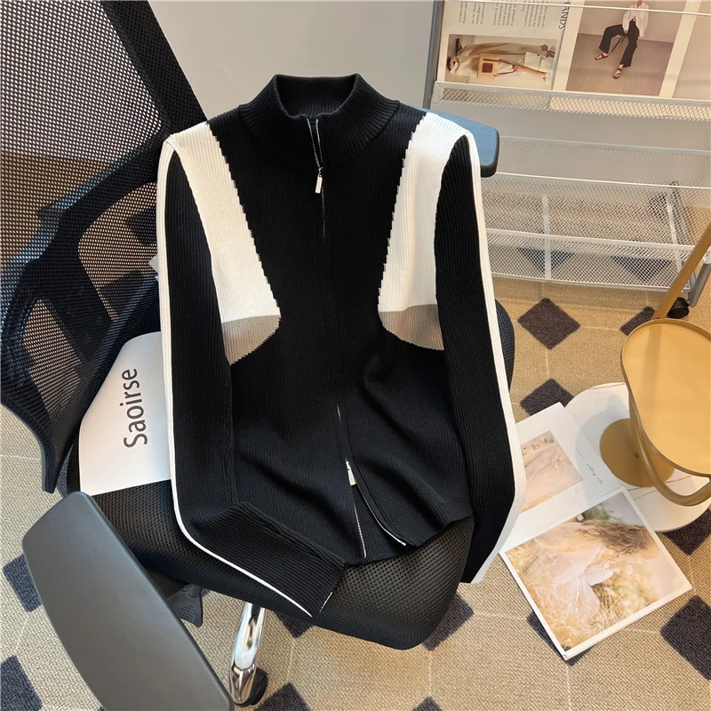

Patchwork Zipper Knitted Cardigans Women Long Sleeve Round Neck Sweater Coat 2023 Autumn Cropped Cardigan Tops Ladies Jumpers