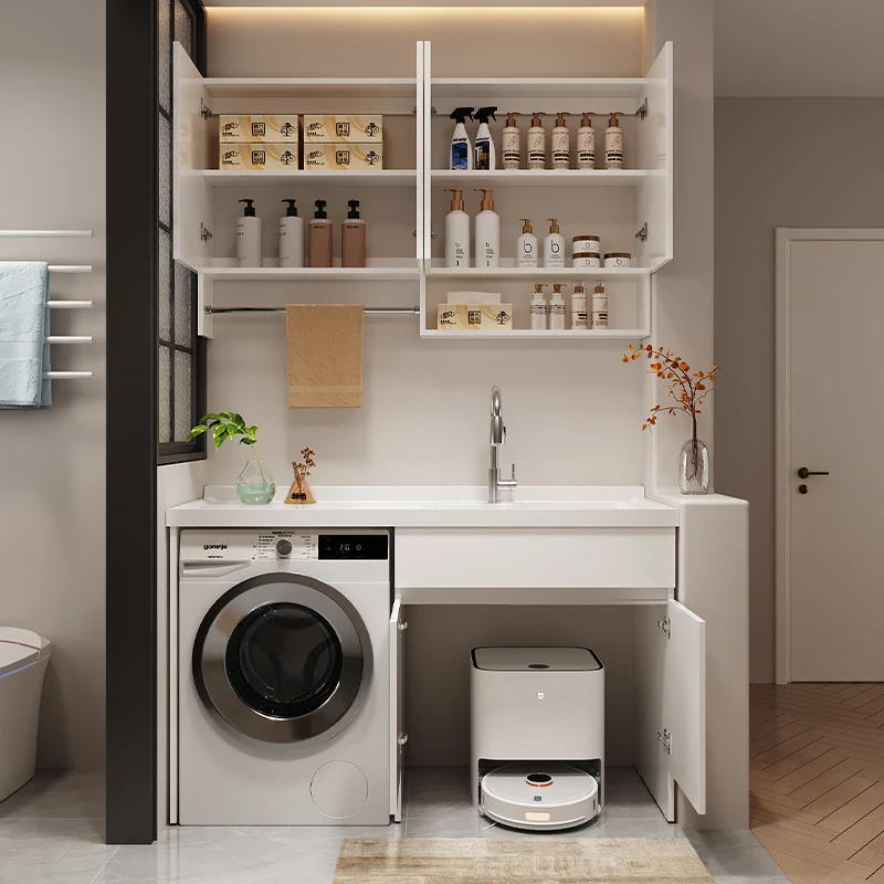 Stainless steel balcony laundry cabinet sweeping robot drum washing machine cabinet combination integrated basin laundry pool