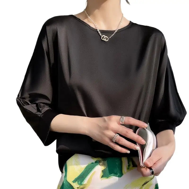 

Women Summer Sailboat Collar Shirt Elegant Luxury Satin T-shirt M-6XL Blouse Half Sleeve Shirts Casual Solid Acetate Fabric Tops