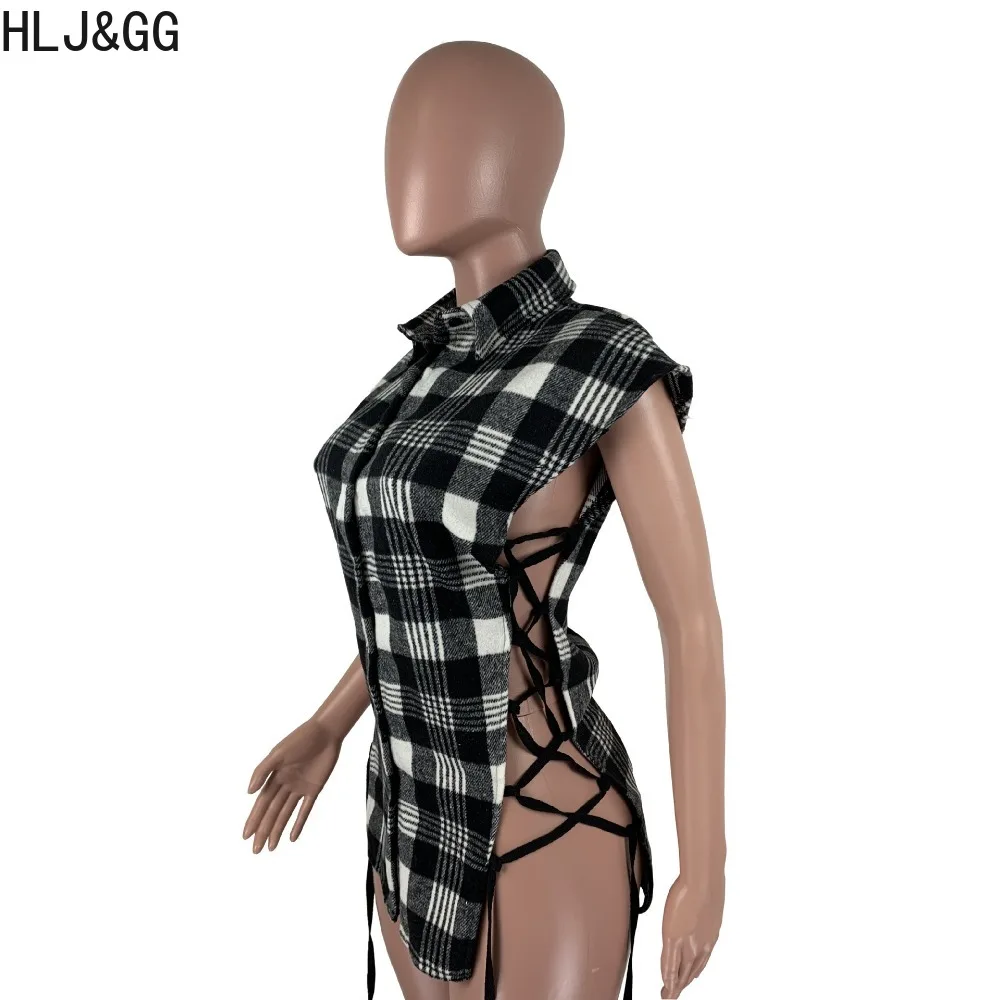 HLJ&GG Spring New Plaid Print Side Bandage Tops Women Turndown Collar Short Sleeve Button Slim Shirt Casual Female Irregular Top
