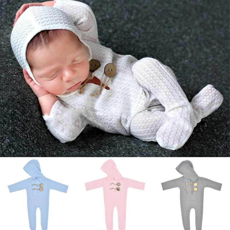 

Dvotinst Newborn Baby Photography Props Hooded Romper Cute Soft Button Outfit One-piece Fotografia Studio Shooting Photo Props