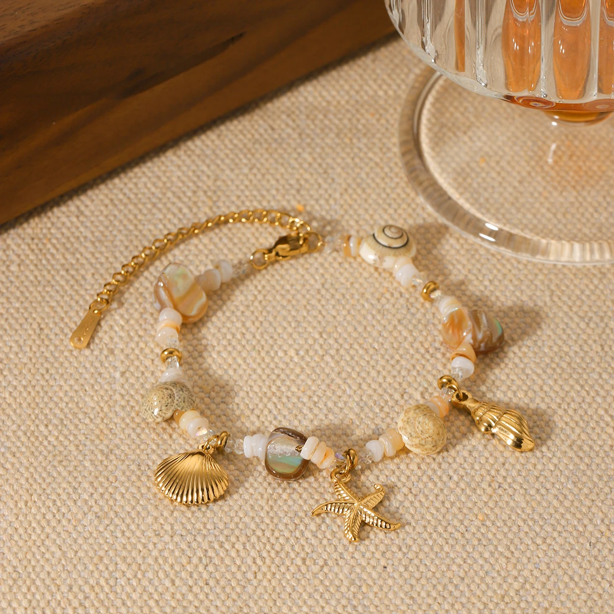 18K Vergoldetes Muschel- und Seestern-Schmuckset für Damen Armband Ohrringe Ringe Hypoallergen Wasserfest Strand-Party-Geschenk – Detail 4