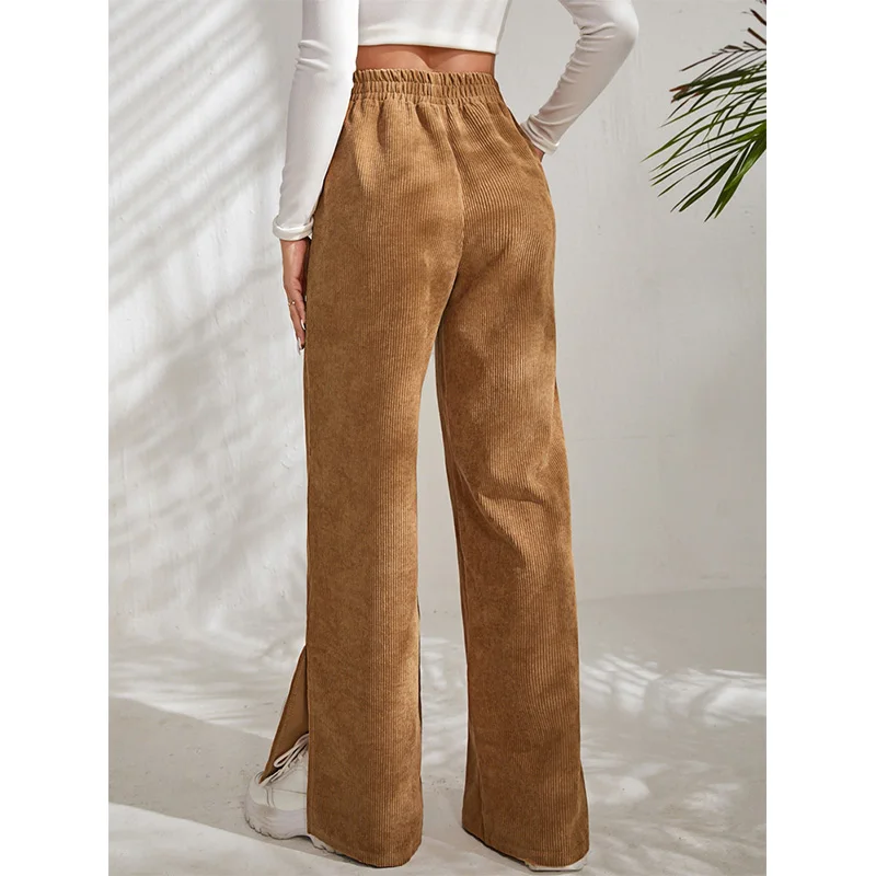 Autumn and Winter Solid Color Elastic High Waist Casual Pants Commuting Pockets Corduroy Spliced Split Hem Trousers for Women