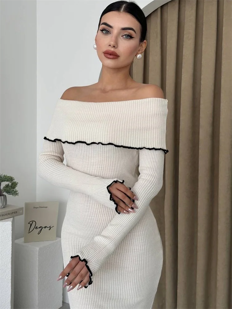 Ruffled Slim Knit Dress Women's Backless Long Sleeve Bandeau Contrast Autumn Party Dress Fashion Knitwear Maxi Dress