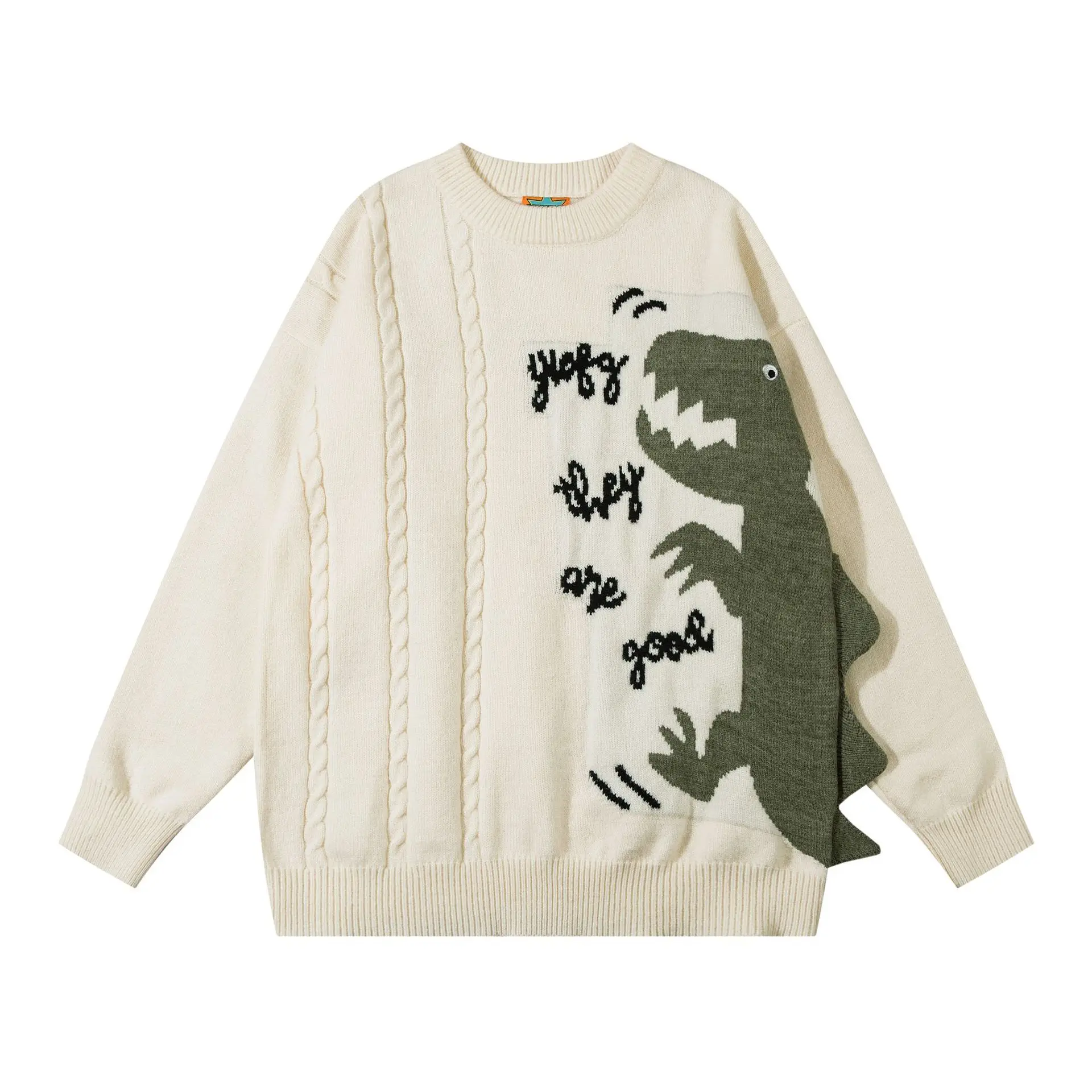 Streetwear Men's Comics Dragon Graffiti Print Jacquard  Sweater Autumn O-neck Knitted Pullover Oversized Knitwear Unisex