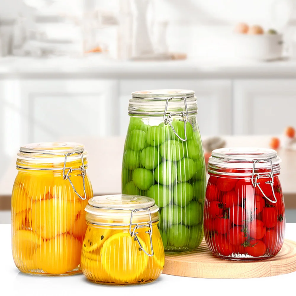 Airtight Glass jar with lid 25oz, Glass Storage Containers, Glass Canister, Striped Clip Fastening Jar for Cereal, Coffee, Pasta 6