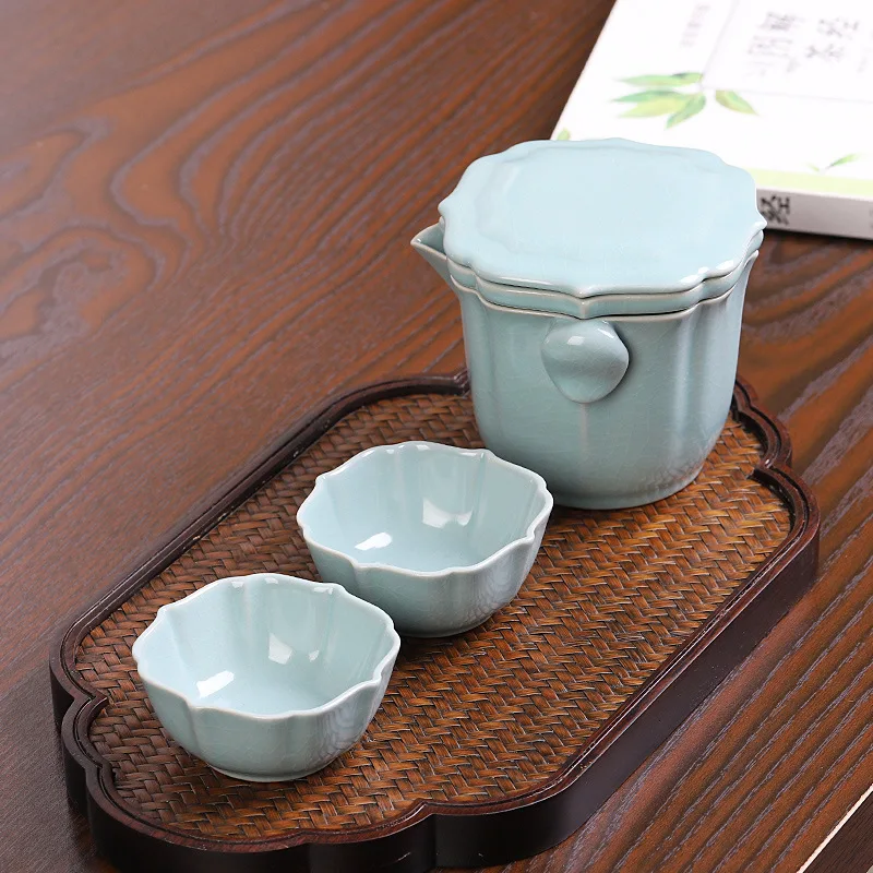Ceramic tea set, 1 pot, 2 cups, portable integrated storage bag, outdoor, camping, home kung fu tea maker