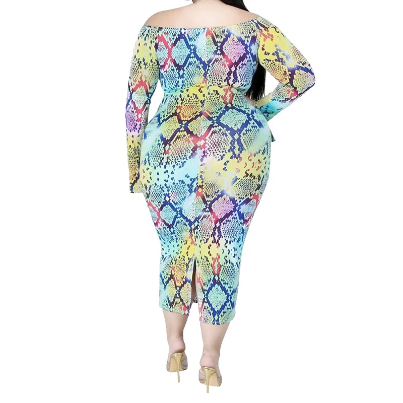 Sexy One Word Collar Multicolor Printing Long Sleeve Autumn Female Clothing Elegant Plus Size Bag Hip Mid-CaIf Pencil Dresses