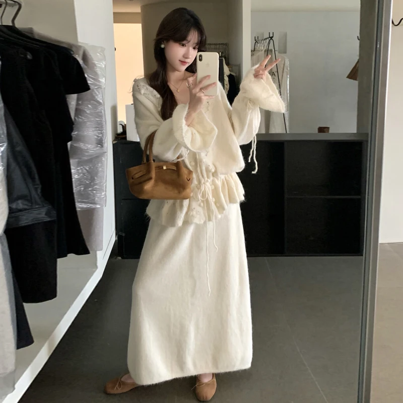 임산부를 위한 한국 스타일 루즈핏 투피스 수트, 겨울 컬렉션 슬리밍 오픈 가디건 스웨터와 미니스커트